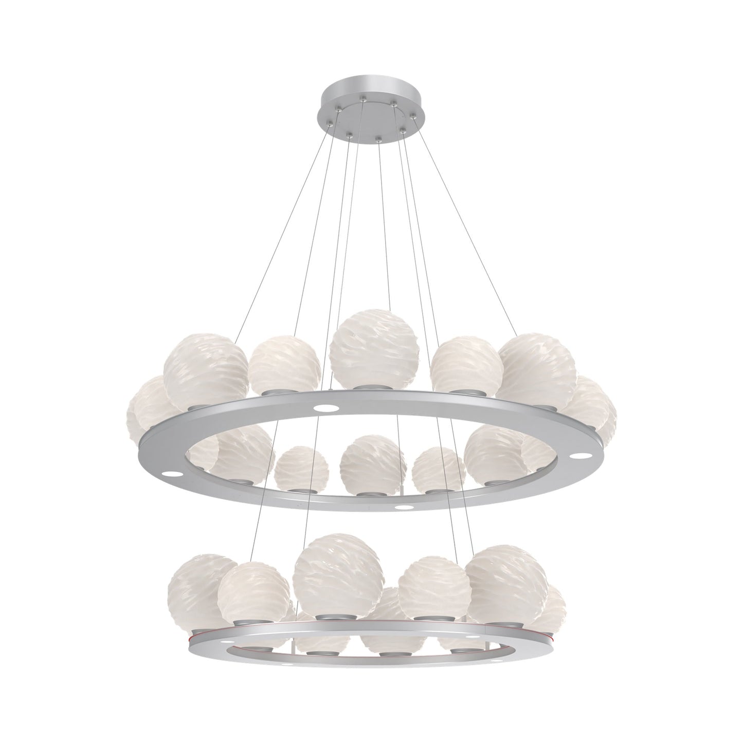 Gaia Two-Tier Ring LED Chandelier in Classic Silver/White Blown Glass.