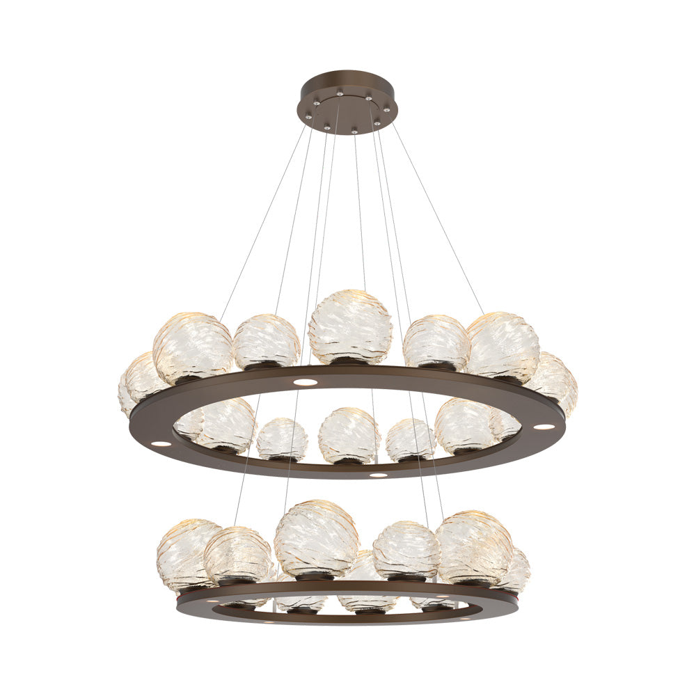 Gaia Two-Tier Ring LED Chandelier in Flat Bronze/Amber Blown Glass.