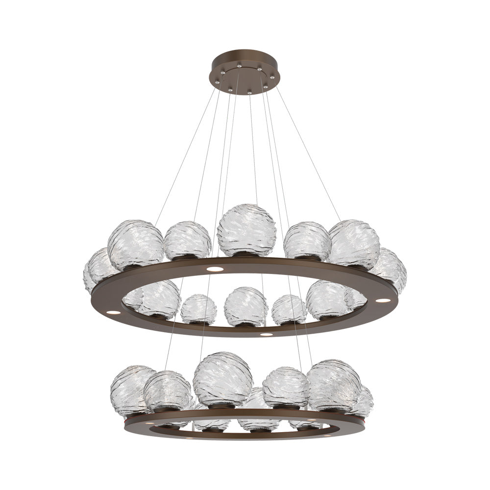 Gaia Two-Tier Ring LED Chandelier in Flat Bronze/Clear Blown Glass.