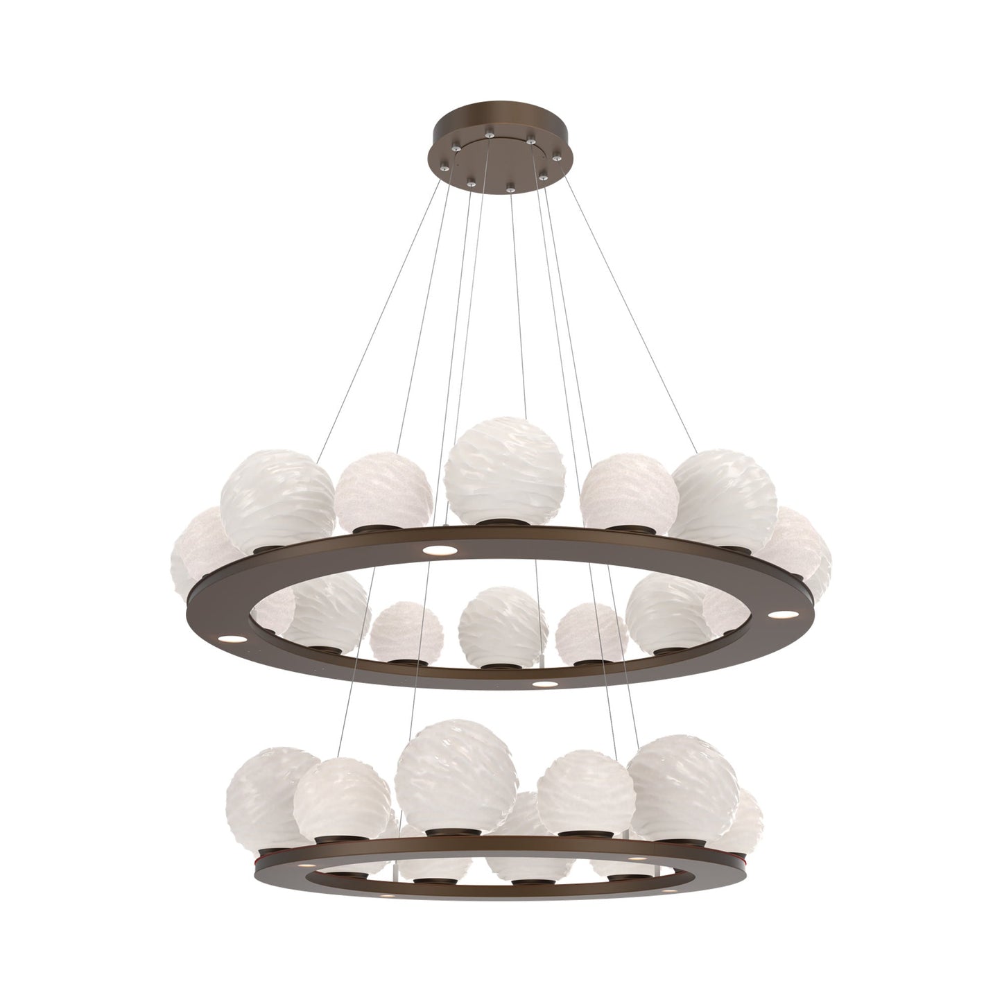 Gaia Two-Tier Ring LED Chandelier in Flat Bronze/White Blown Glass.
