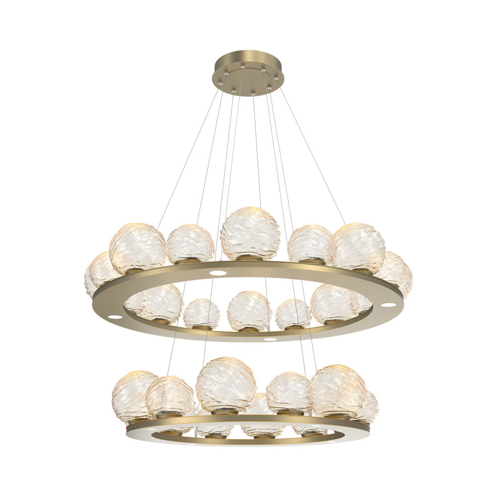 Gaia Two-Tier Ring LED Chandelier in Gilded Brass/Amber Blown Glass.