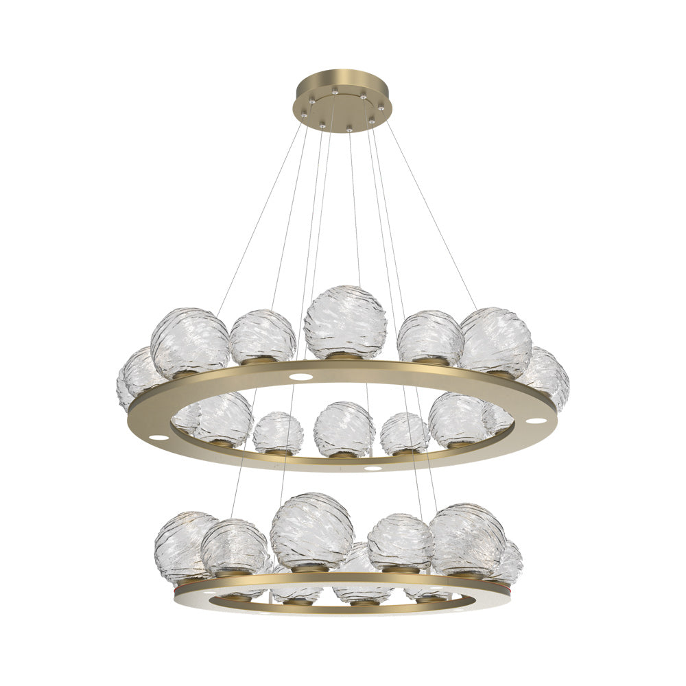 Gaia Two-Tier Ring LED Chandelier in Gilded Brass/Clear Blown Glass.
