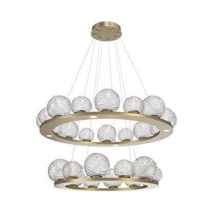 Gaia Two-Tier Ring LED Chandelier in Gilded Brass/Clear Blown Glass.