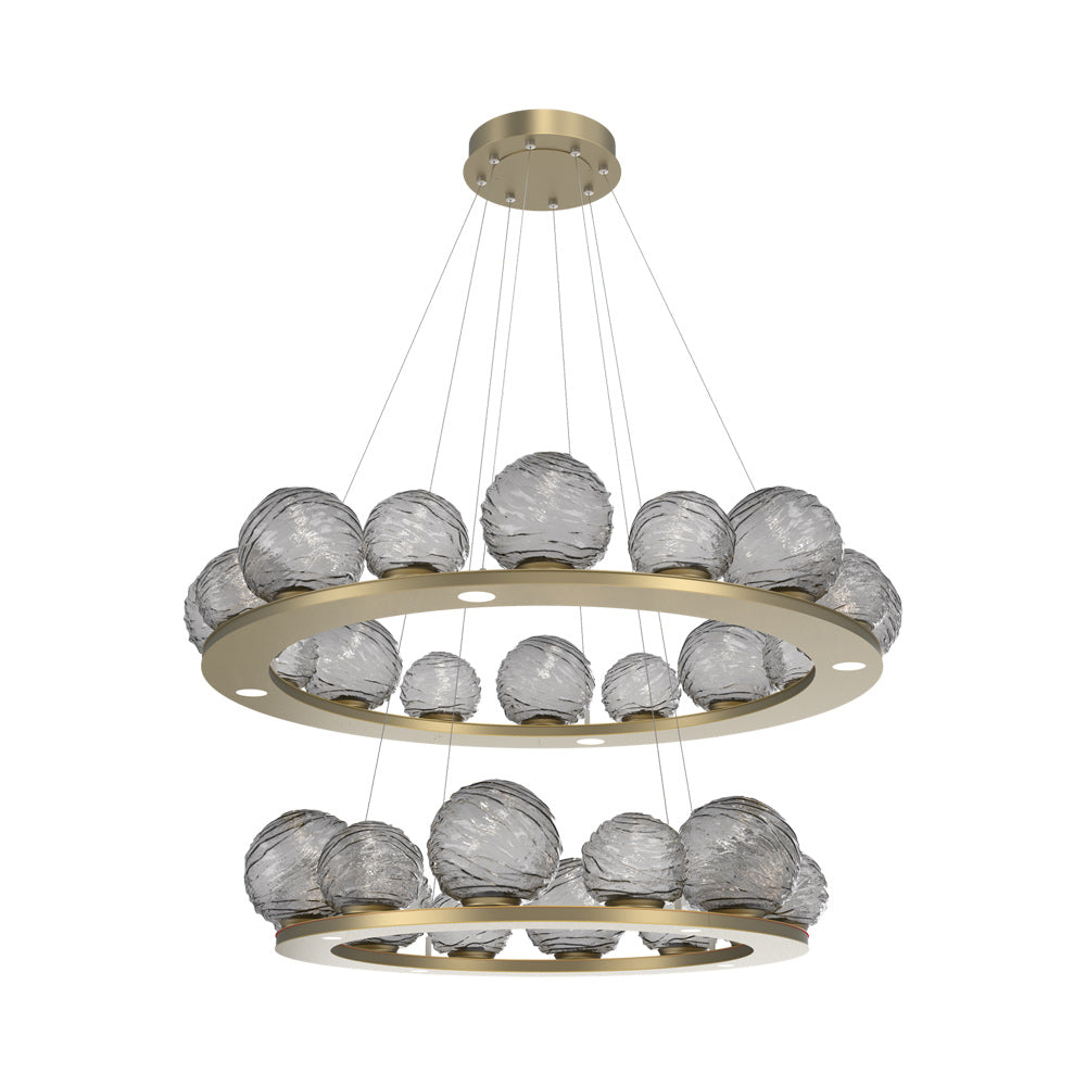 Gaia Two-Tier Ring LED Chandelier in Gilded Brass/Smoke Blown Glass.