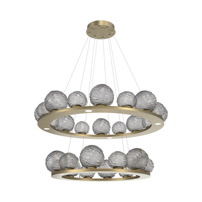 Gaia Two-Tier Ring LED Chandelier in Gilded Brass/Smoke Blown Glass.