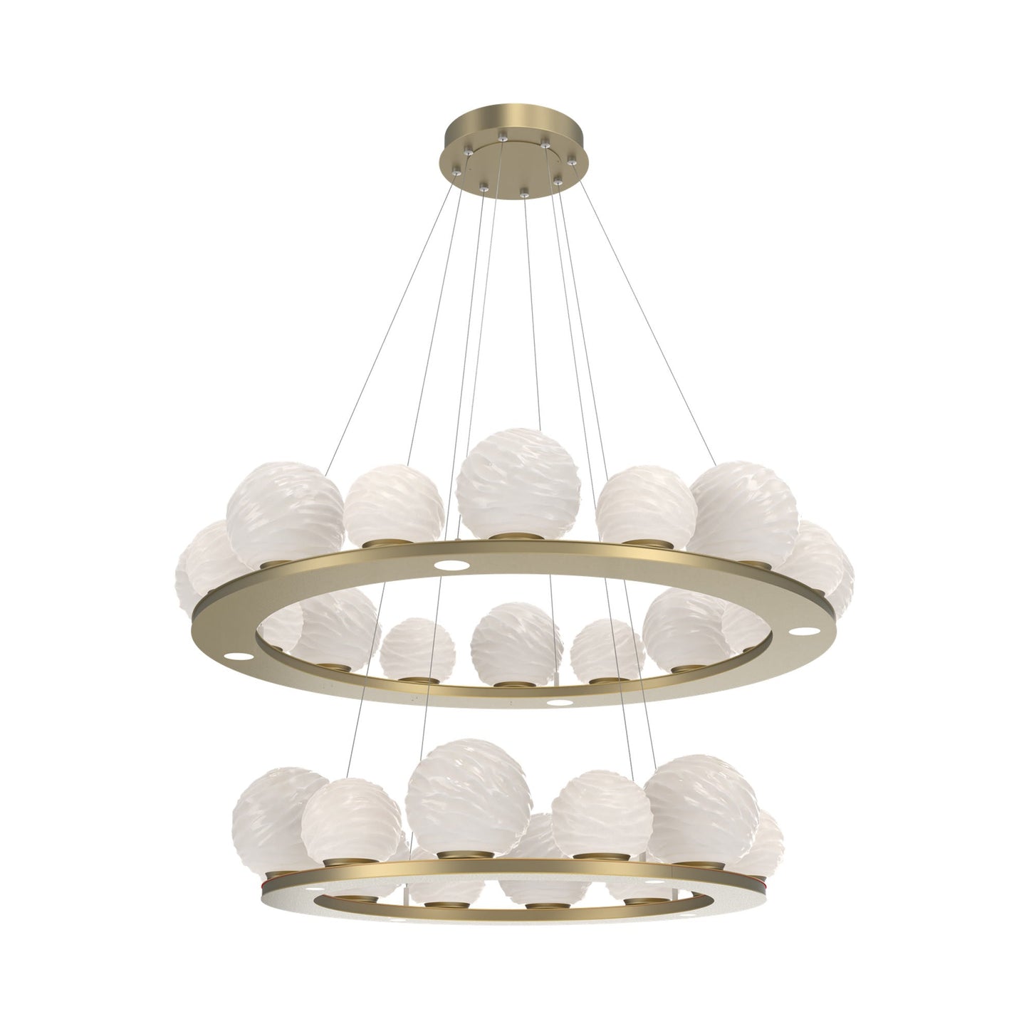 Gaia Two-Tier Ring LED Chandelier in Gilded Brass/White Blown Glass.