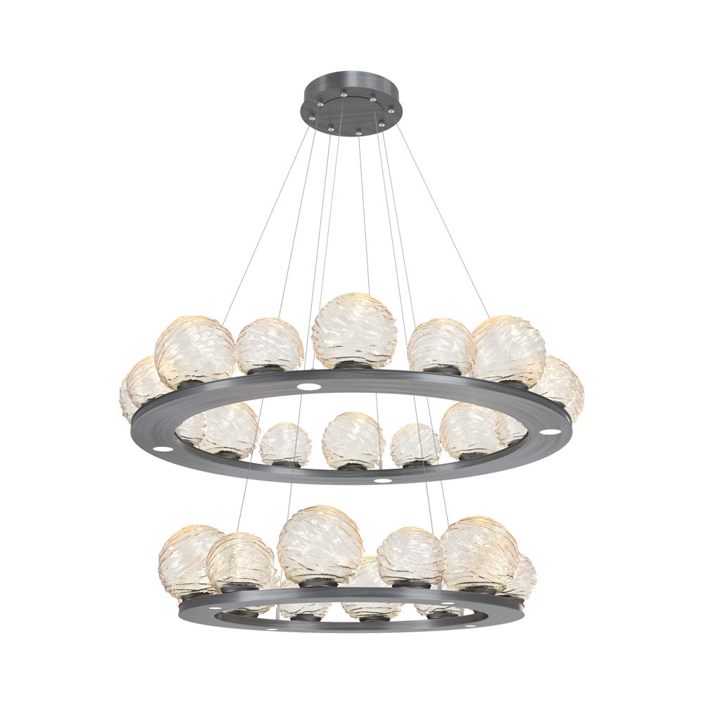 Gaia Two-Tier Ring LED Chandelier in Gunmetal/Amber Blown Glass.