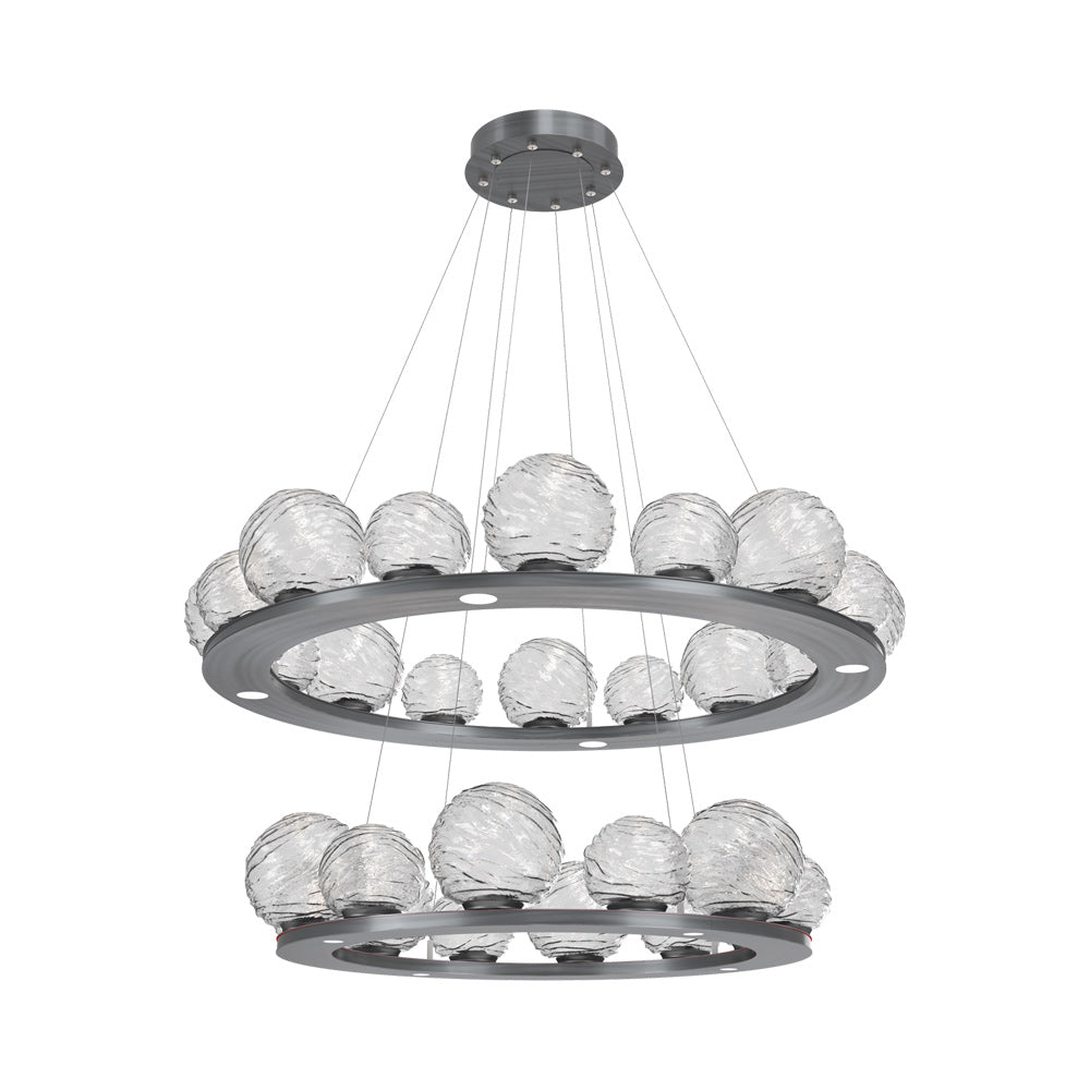 Gaia Two-Tier Ring LED Chandelier in Gunmetal/Clear Blown Glass.