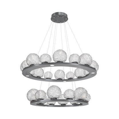 Gaia Two-Tier Ring LED Chandelier in Gunmetal/Clear Blown Glass.