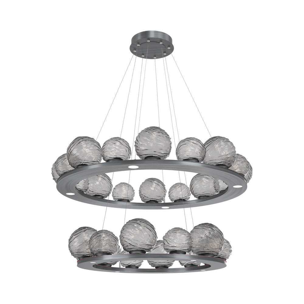 Gaia Two-Tier Ring LED Chandelier in Gunmetal/Smoke Blown Glass.