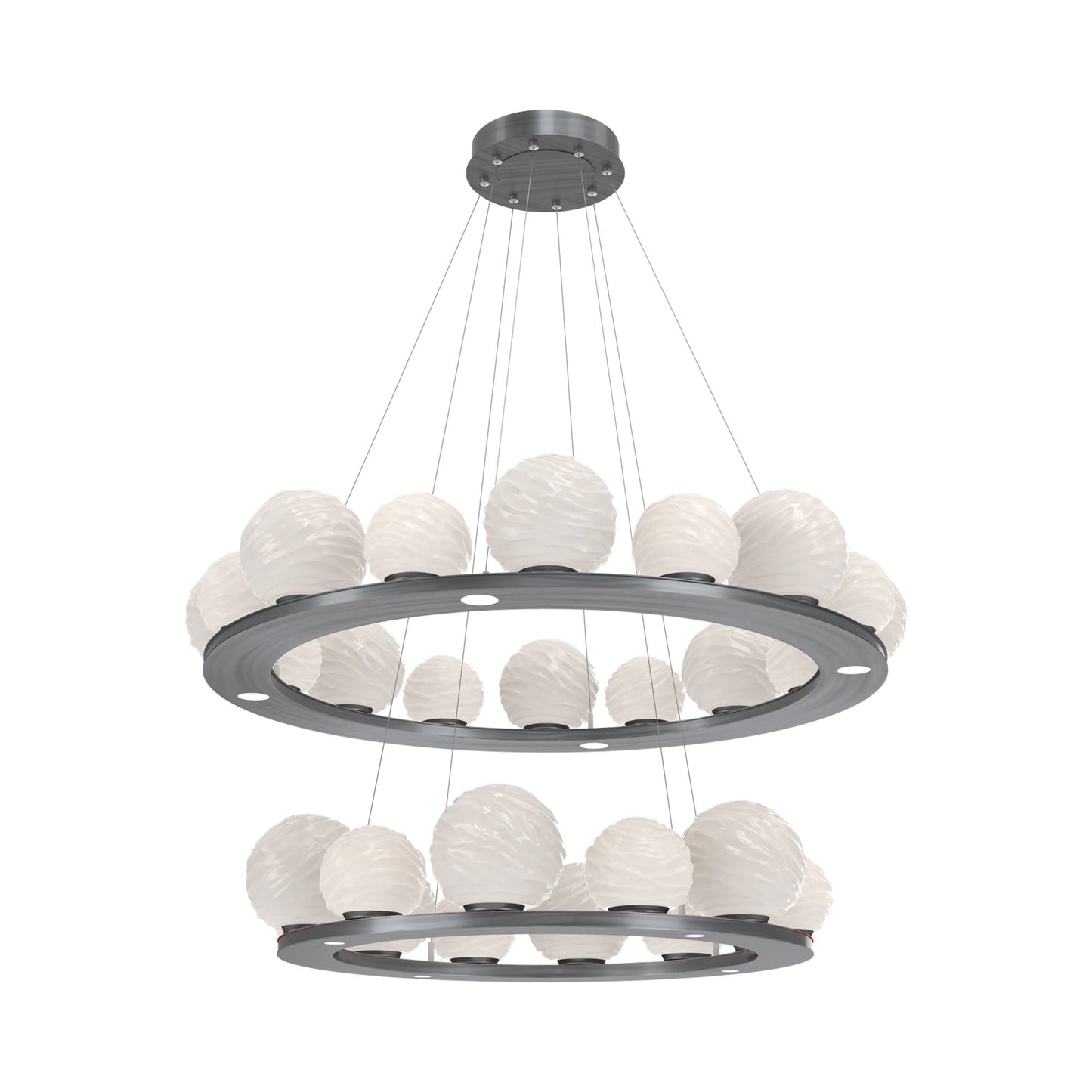 Gaia Two-Tier Ring LED Chandelier in Gunmetal/White Blown Glass.