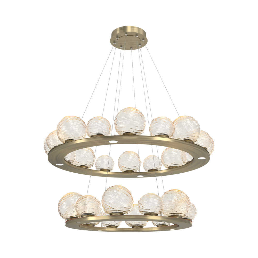 Gaia Two-Tier Ring LED Chandelier in Heritage Brass/Amber Blown Glass.