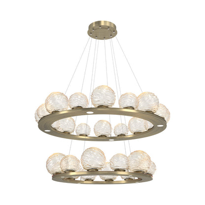 Gaia Two-Tier Ring LED Chandelier in Heritage Brass/Amber Blown Glass.