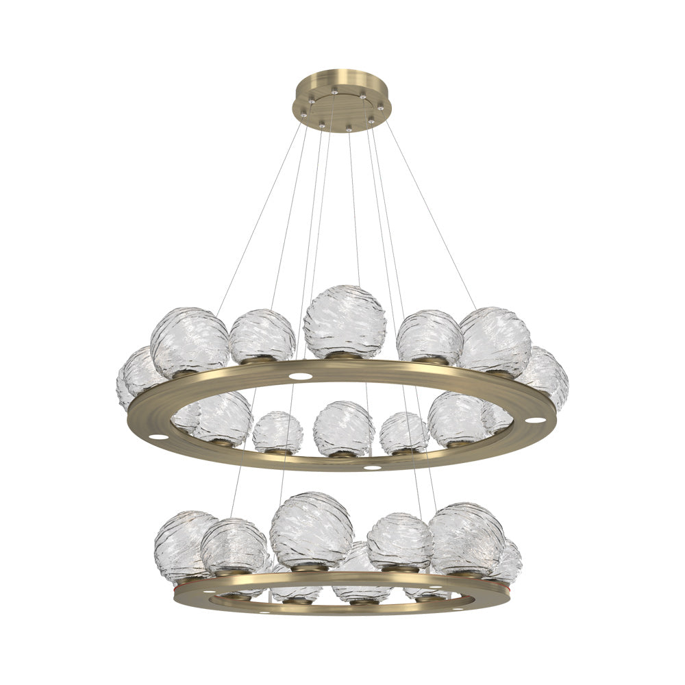 Gaia Two-Tier Ring LED Chandelier in Heritage Brass/Clear Blown Glass.