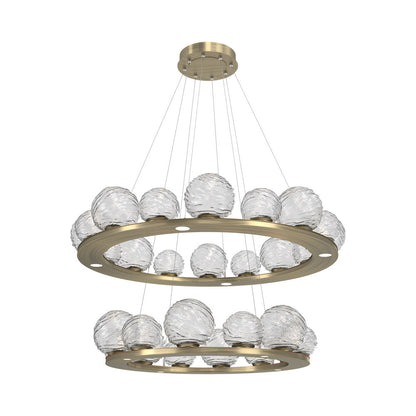 Gaia Two-Tier Ring LED Chandelier in Heritage Brass/Clear Blown Glass.