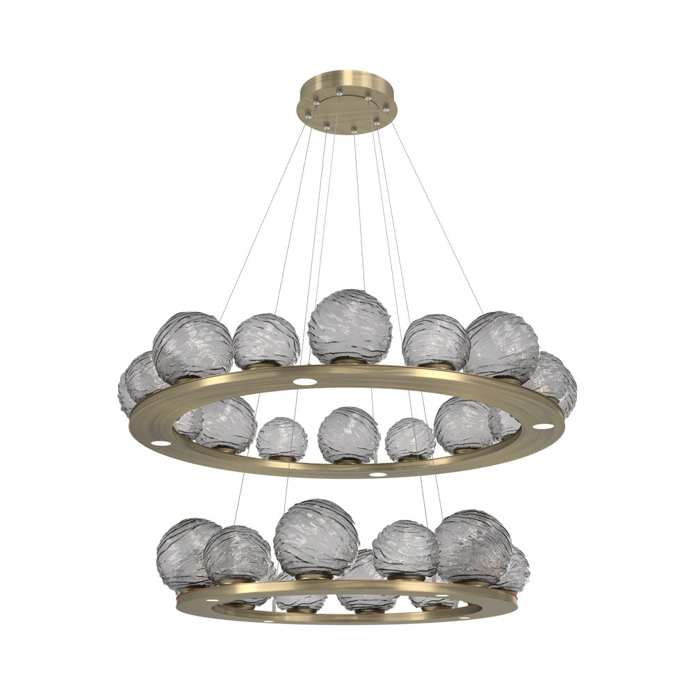 Gaia Two-Tier Ring LED Chandelier in Heritage Brass/Smoke Blown Glass.