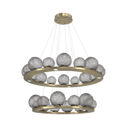 Gaia Two-Tier Ring LED Chandelier in Heritage Brass/Smoke Blown Glass.