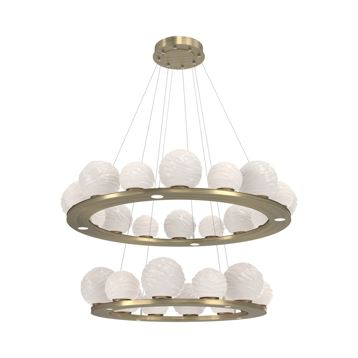 Gaia Two-Tier Ring LED Chandelier in Heritage Brass/White Blown Glass.