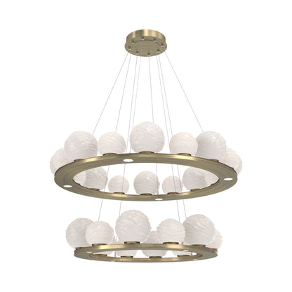 Gaia Two-Tier Ring LED Chandelier in Heritage Brass/White Blown Glass.