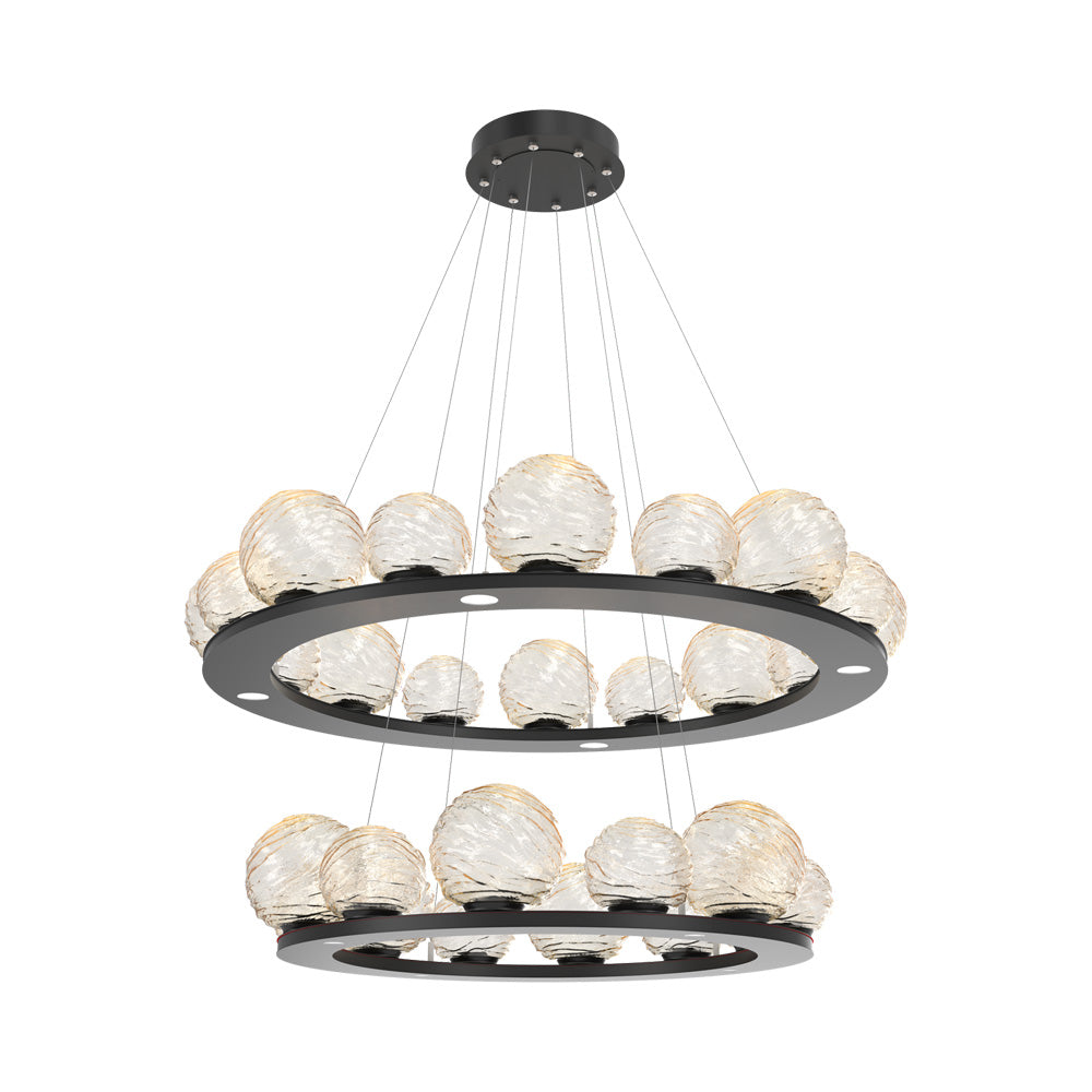 Gaia Two-Tier Ring LED Chandelier in Matte Black/Amber Blown Glass.