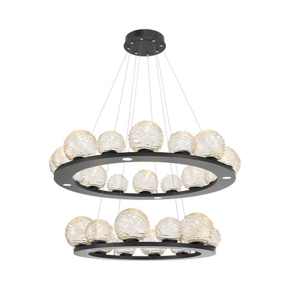Gaia Two-Tier Ring LED Chandelier in Matte Black/Amber Blown Glass.