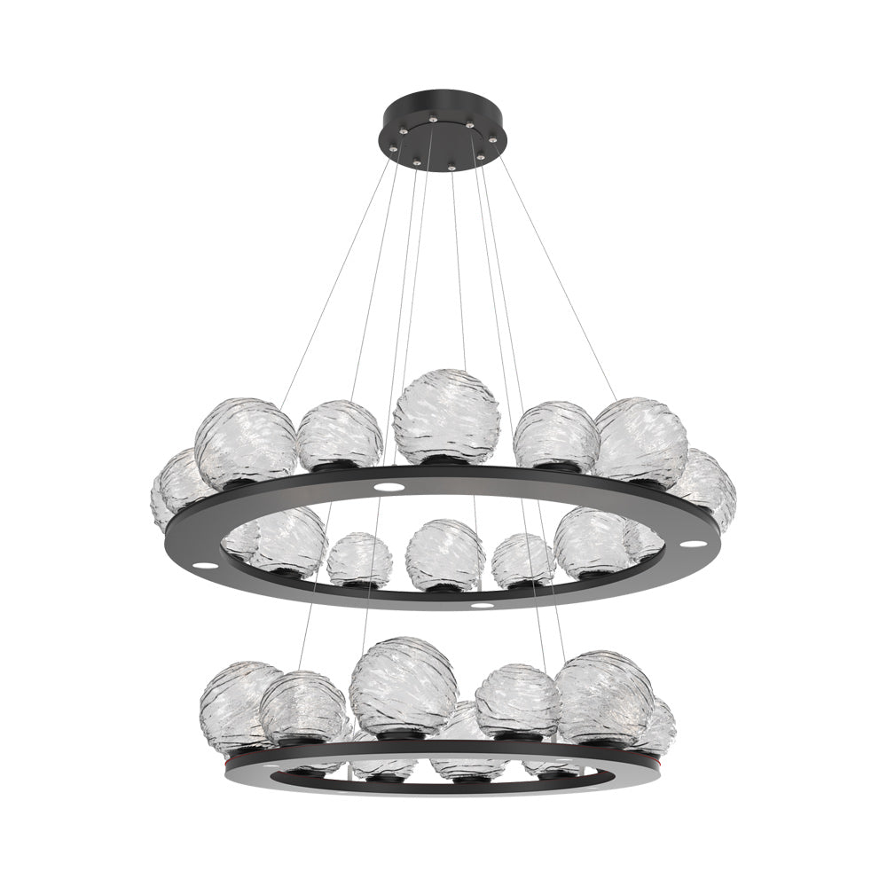 Gaia Two-Tier Ring LED Chandelier in Matte Black/Clear Blown Glass.