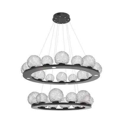 Gaia Two-Tier Ring LED Chandelier in Matte Black/Clear Blown Glass.