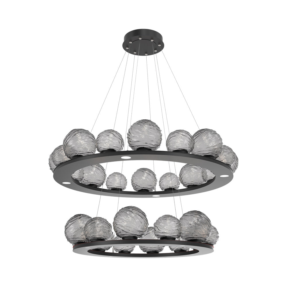 Gaia Two-Tier Ring LED Chandelier in Matte Black/Smoke Blown Glass.