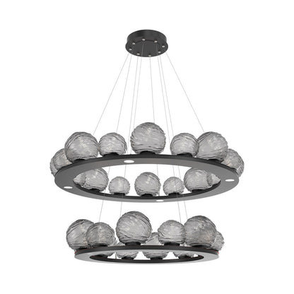 Gaia Two-Tier Ring LED Chandelier in Matte Black/Smoke Blown Glass.