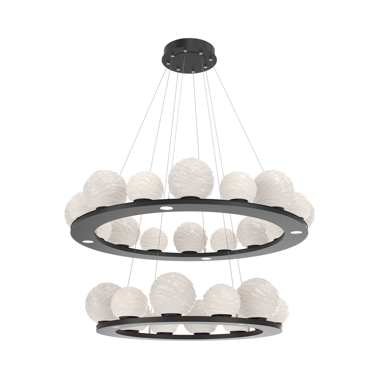 Gaia Two-Tier Ring LED Chandelier in Matte Black/White Blown Glass.