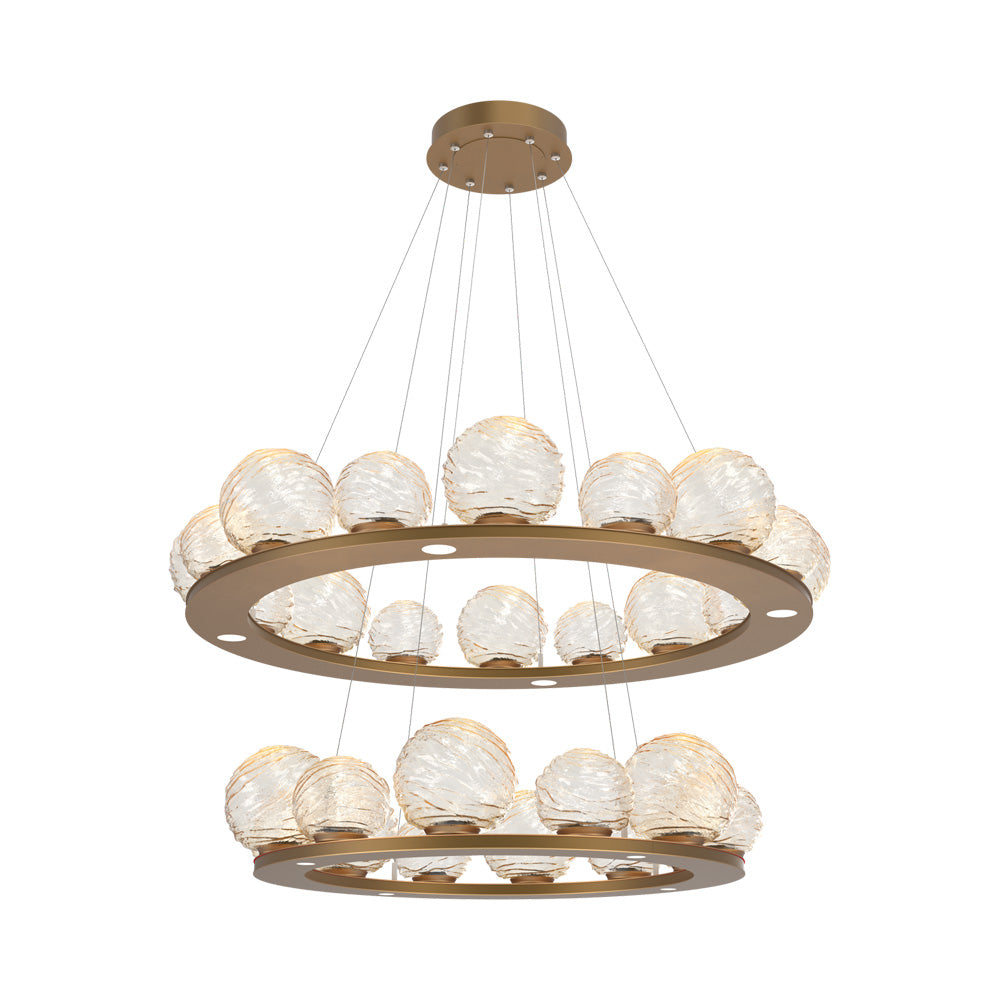 Gaia Two-Tier Ring LED Chandelier in Novel Brass/Amber Blown Glass.