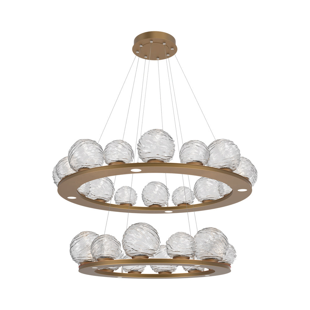 Gaia Two-Tier Ring LED Chandelier in Novel Brass/Clear Blown Glass.