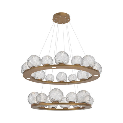 Gaia Two-Tier Ring LED Chandelier in Novel Brass/Clear Blown Glass.