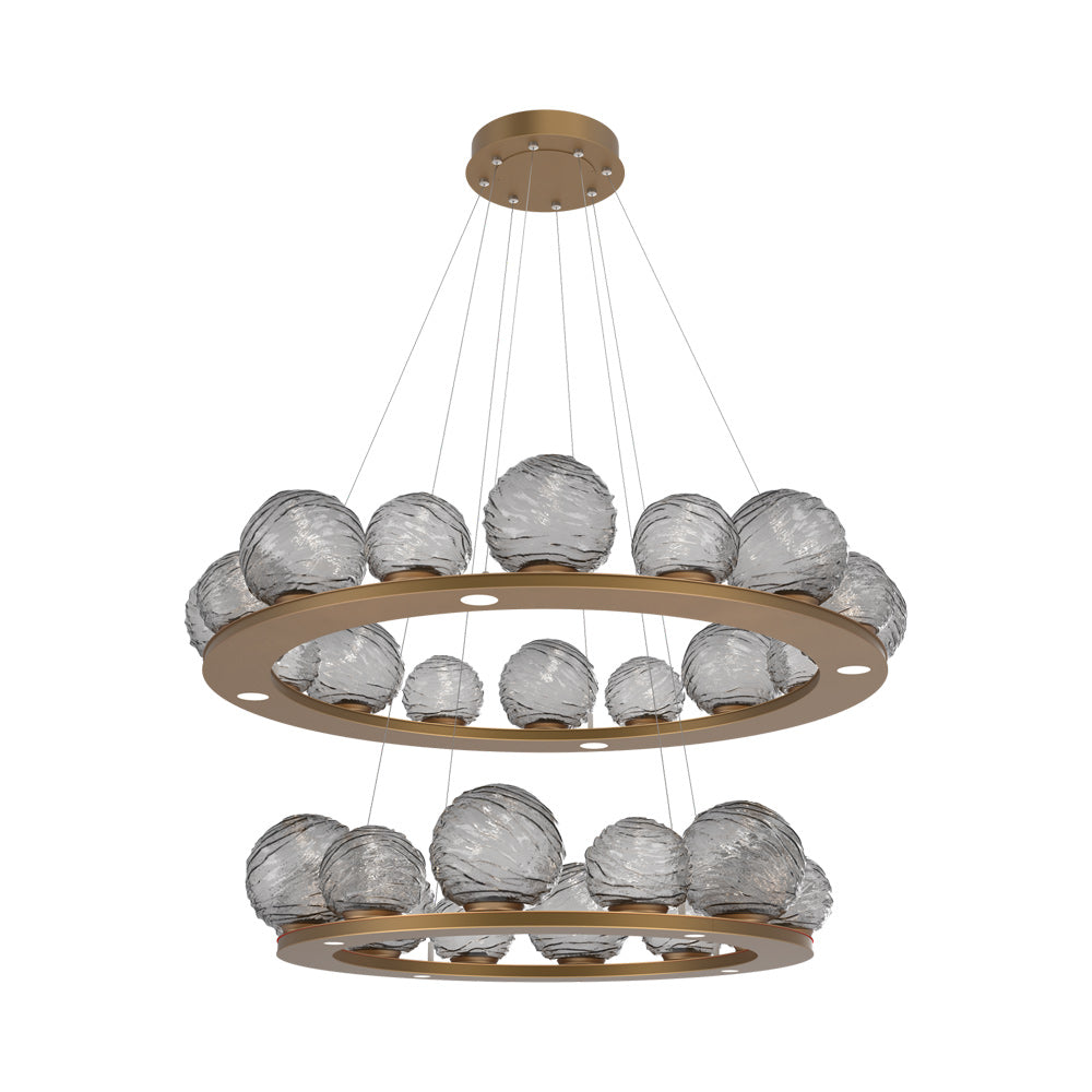 Gaia Two-Tier Ring LED Chandelier in Novel Brass/Smoke Blown Glass.