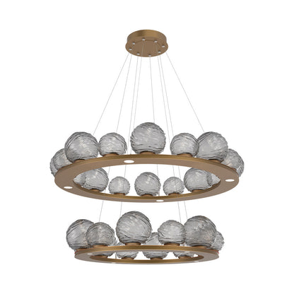 Gaia Two-Tier Ring LED Chandelier in Novel Brass/Smoke Blown Glass.