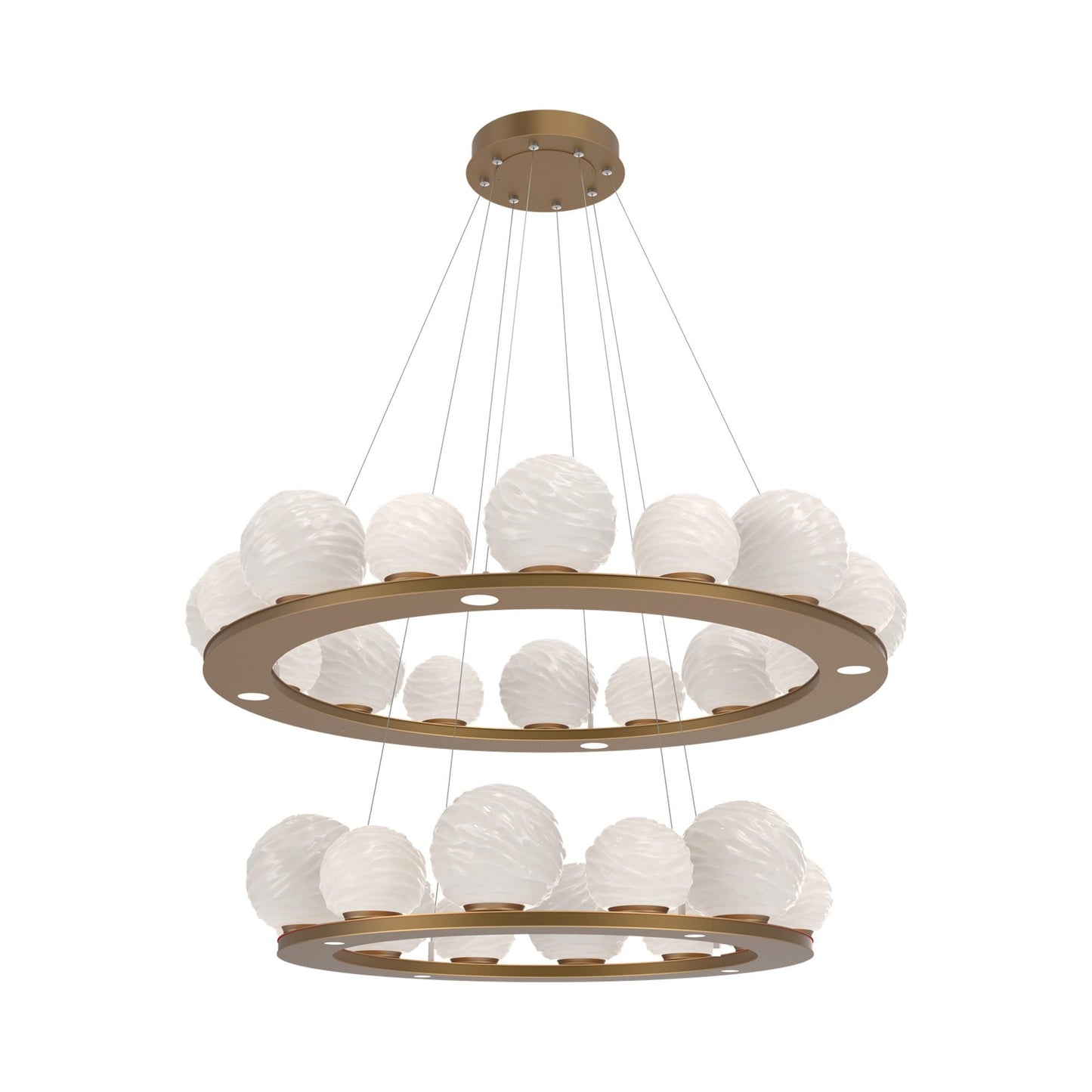 Gaia Two-Tier Ring LED Chandelier in Novel Brass/White Blown Glass.