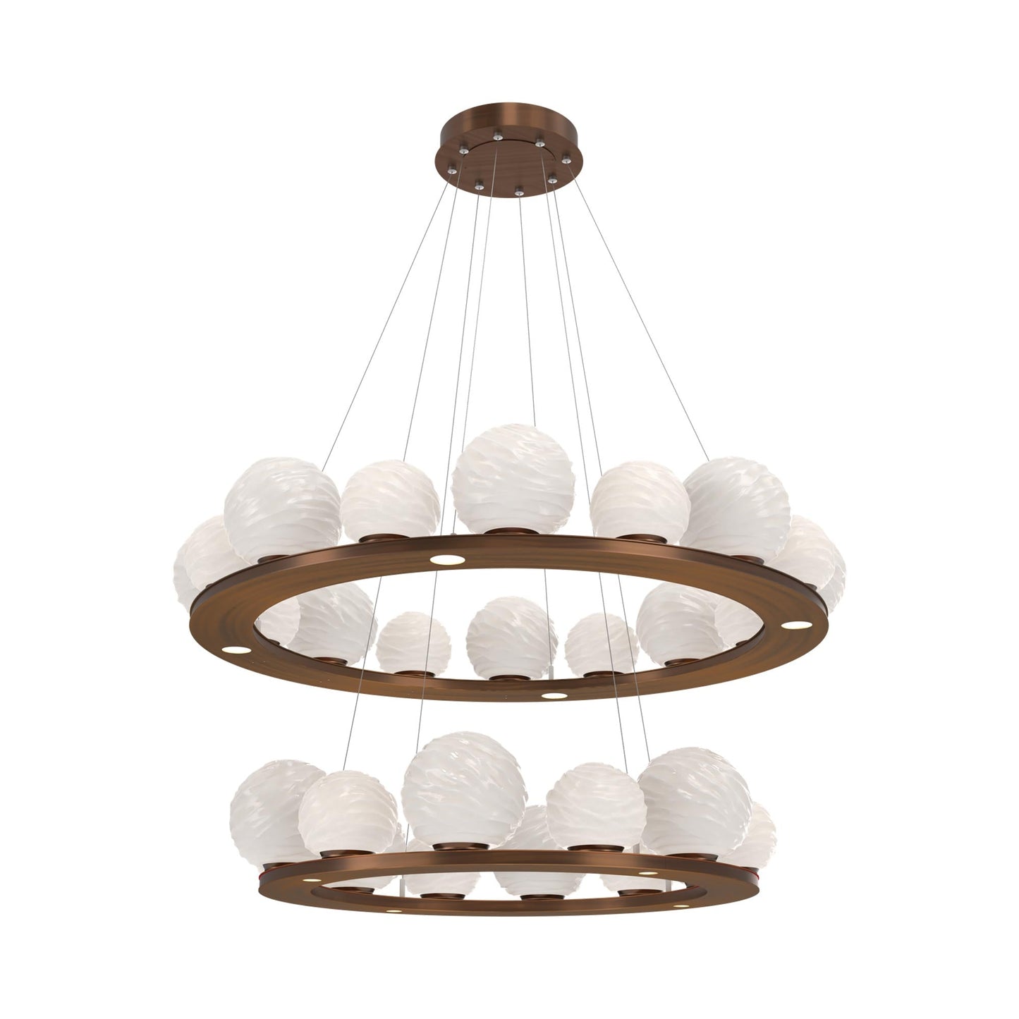 Gaia Two-Tier Ring LED Chandelier in Oil Rubbed Bronze/White Blown Glass.