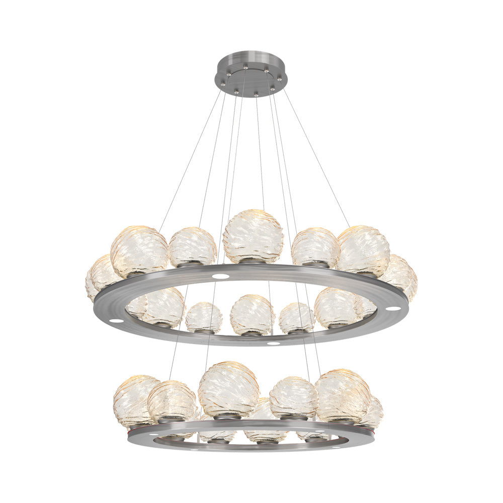 Gaia Two-Tier Ring LED Chandelier in Satin Nickel/Amber Blown Glass.