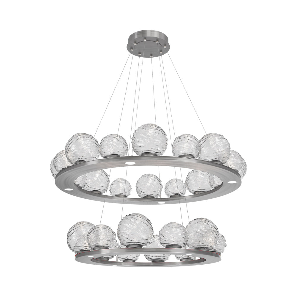 Gaia Two-Tier Ring LED Chandelier in Satin Nickel/Clear Blown Glass.