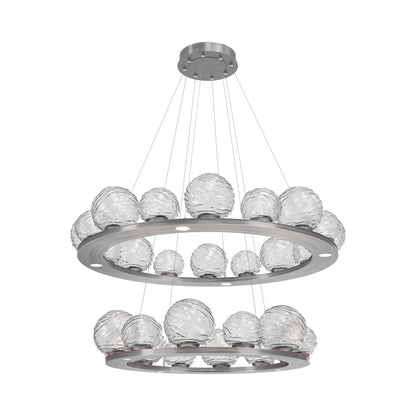 Gaia Two-Tier Ring LED Chandelier in Satin Nickel/Clear Blown Glass.
