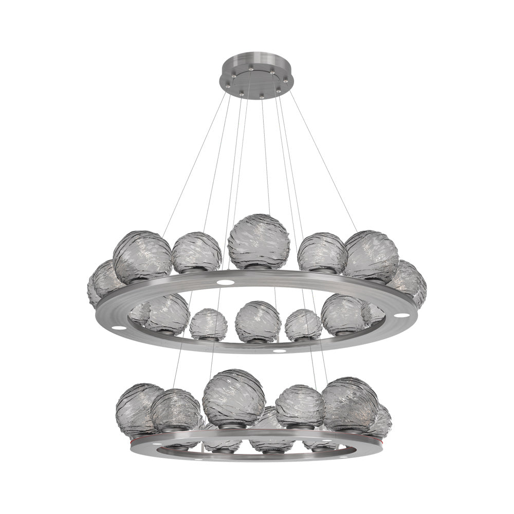 Gaia Two-Tier Ring LED Chandelier in Satin Nickel/Smoke Blown Glass.