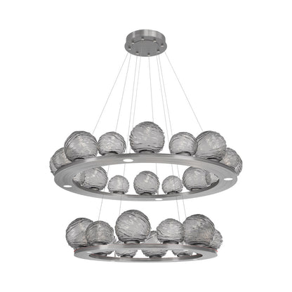 Gaia Two-Tier Ring LED Chandelier in Satin Nickel/Smoke Blown Glass.