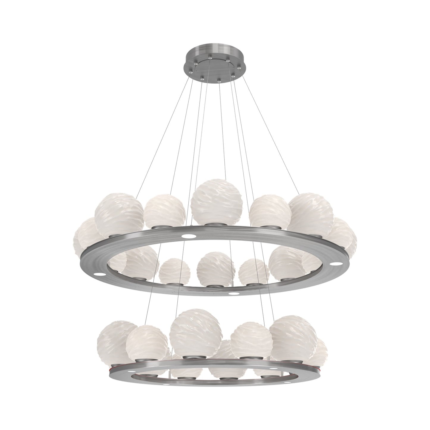 Gaia Two-Tier Ring LED Chandelier in Satin Nickel/White Blown Glass.