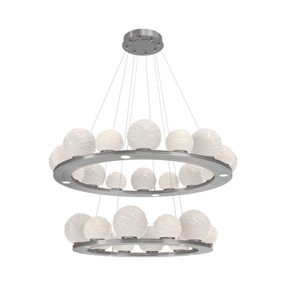 Gaia Two-Tier Ring LED Chandelier in Satin Nickel/White Blown Glass.
