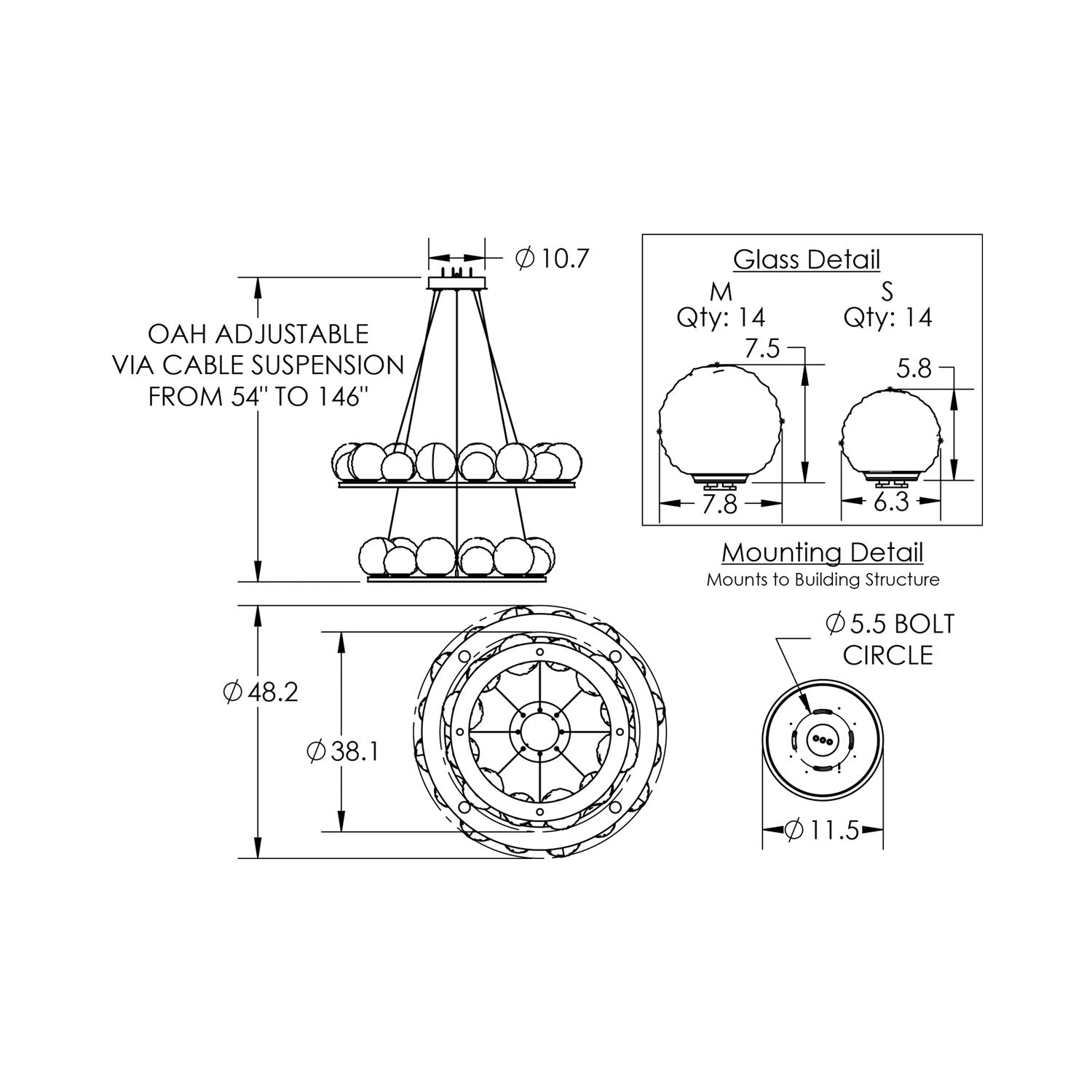 Gaia Two-Tier Ring LED Chandelier - line drawing.