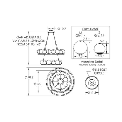 Gaia Two-Tier Ring LED Chandelier - line drawing.