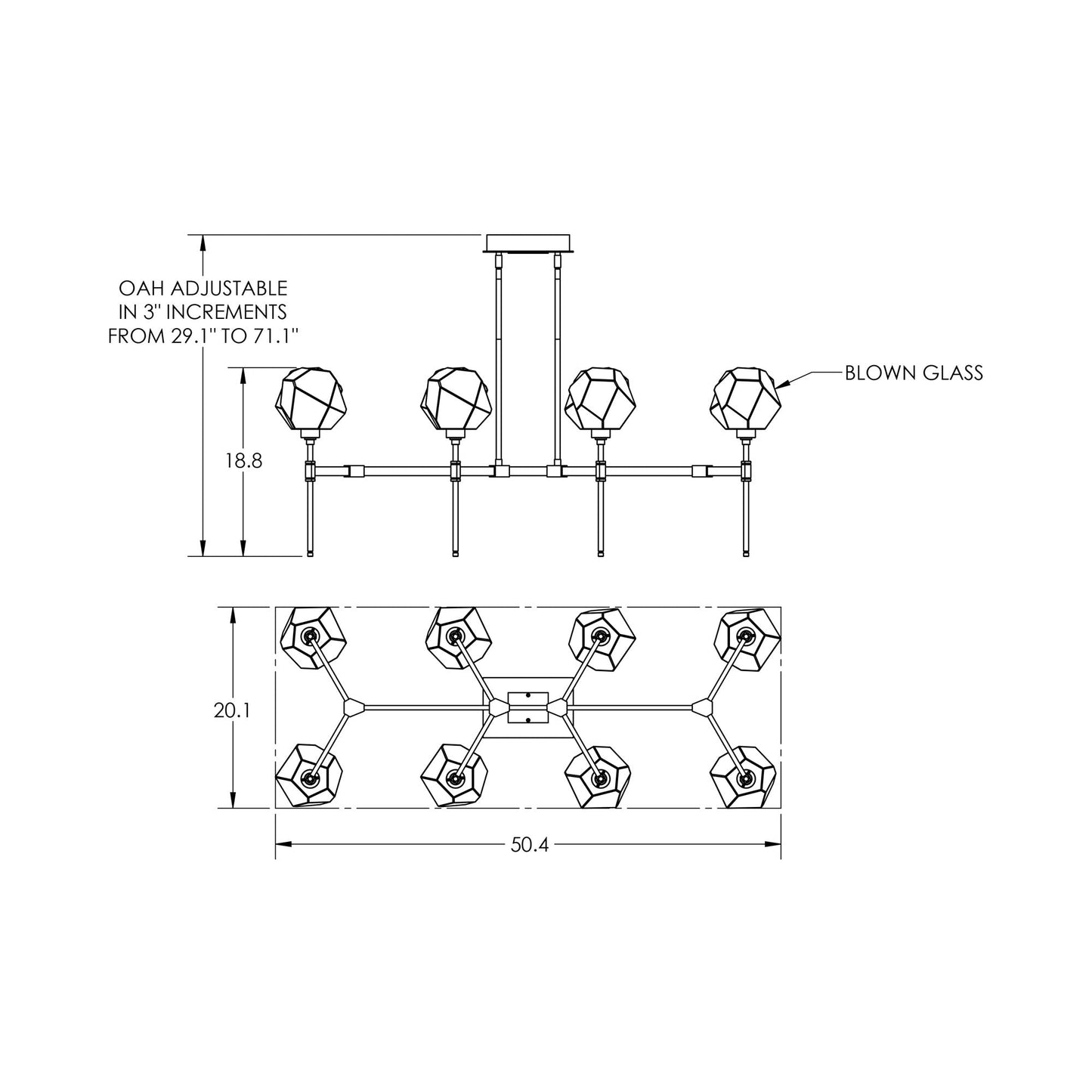 Gem Belvedere Linear LED Chandelier - line drawing.