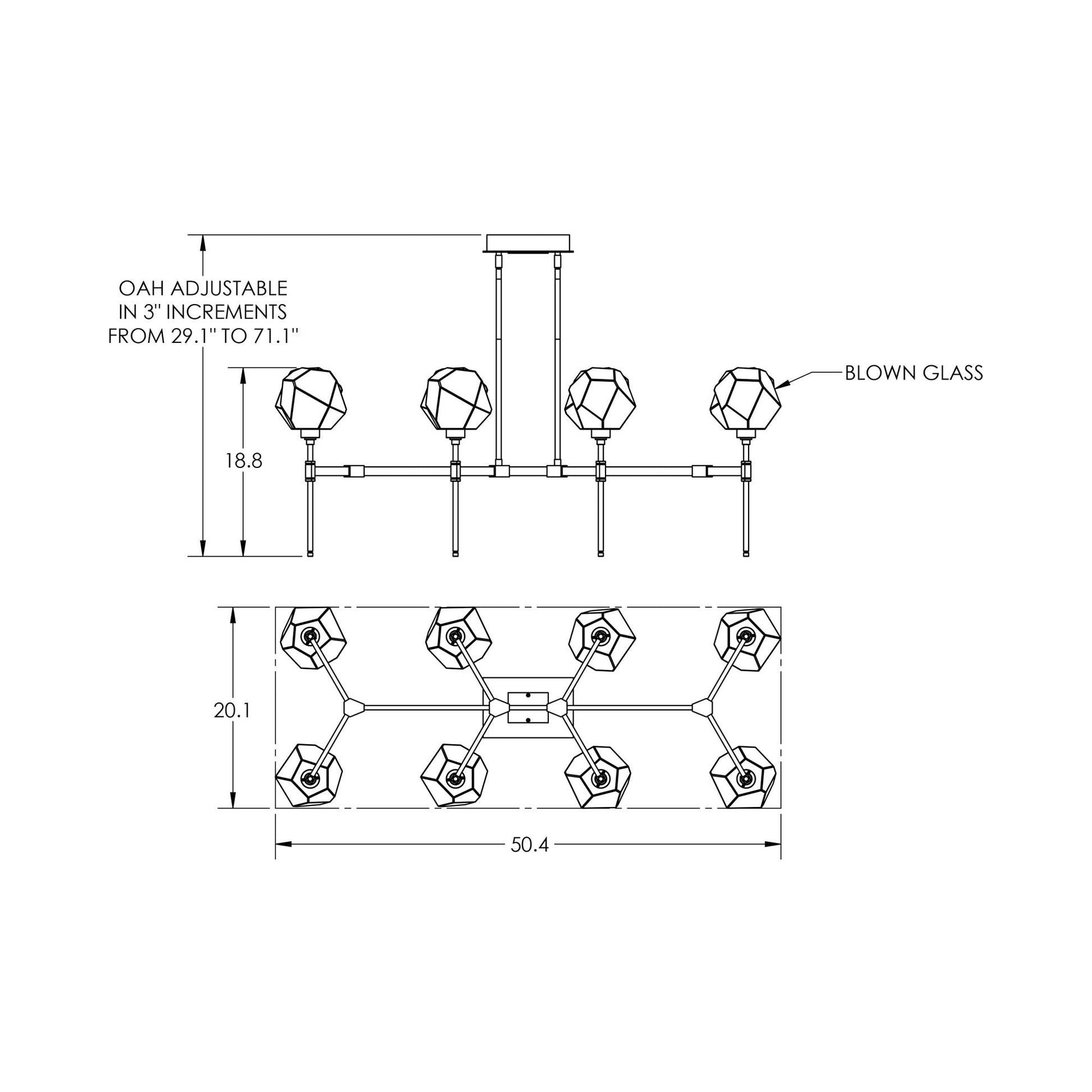 Gem Belvedere Linear LED Chandelier - line drawing.