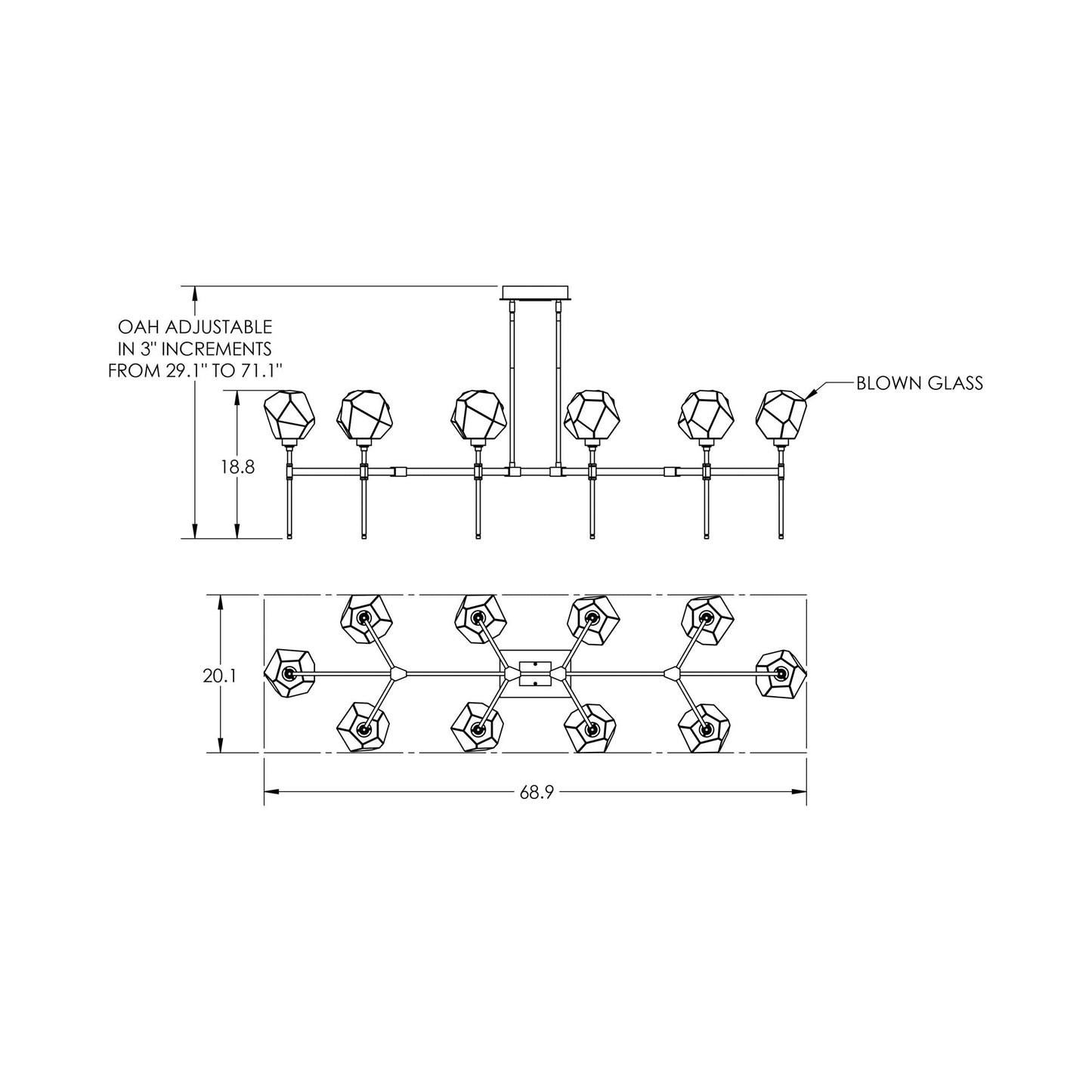 Gem Belvedere Linear LED Chandelier - line drawing.