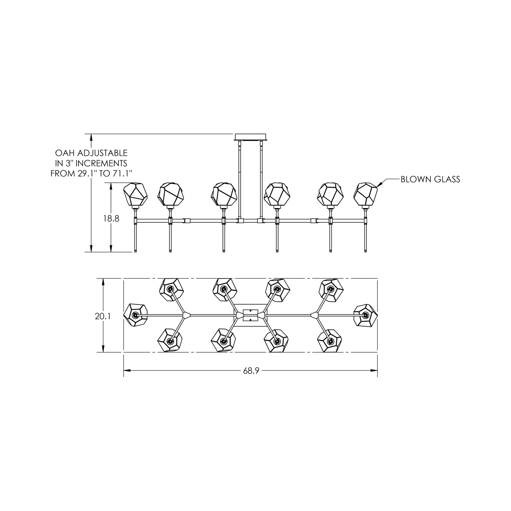 Gem Belvedere Linear LED Chandelier - line drawing.